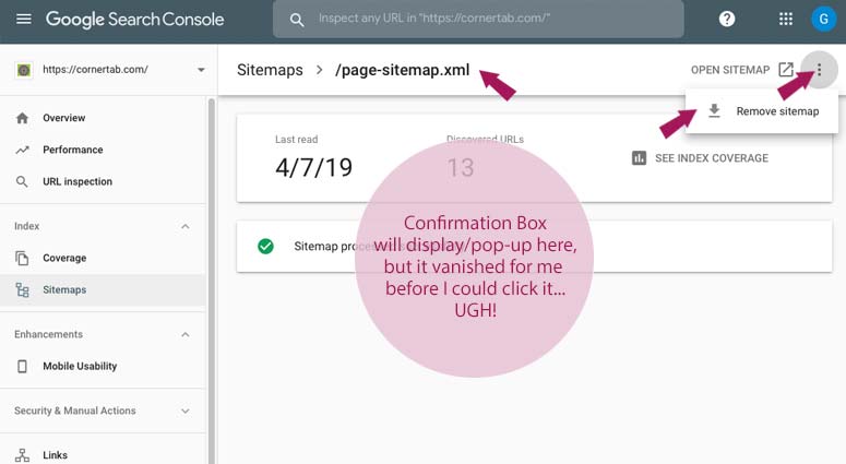 Google Search Console | Vanishing Sitemap Removal Box
